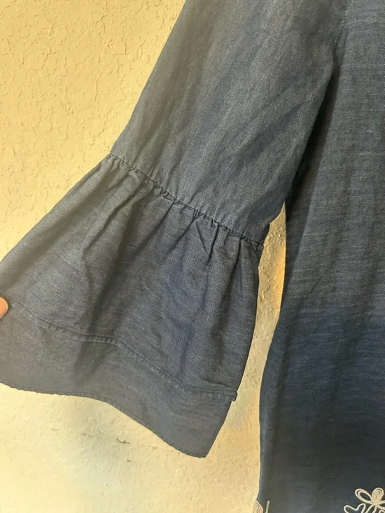 Denim Inspired Chambray Shift Dress White Floral Embroidered Tiered Bell Sleeves - Picture 3 of 8